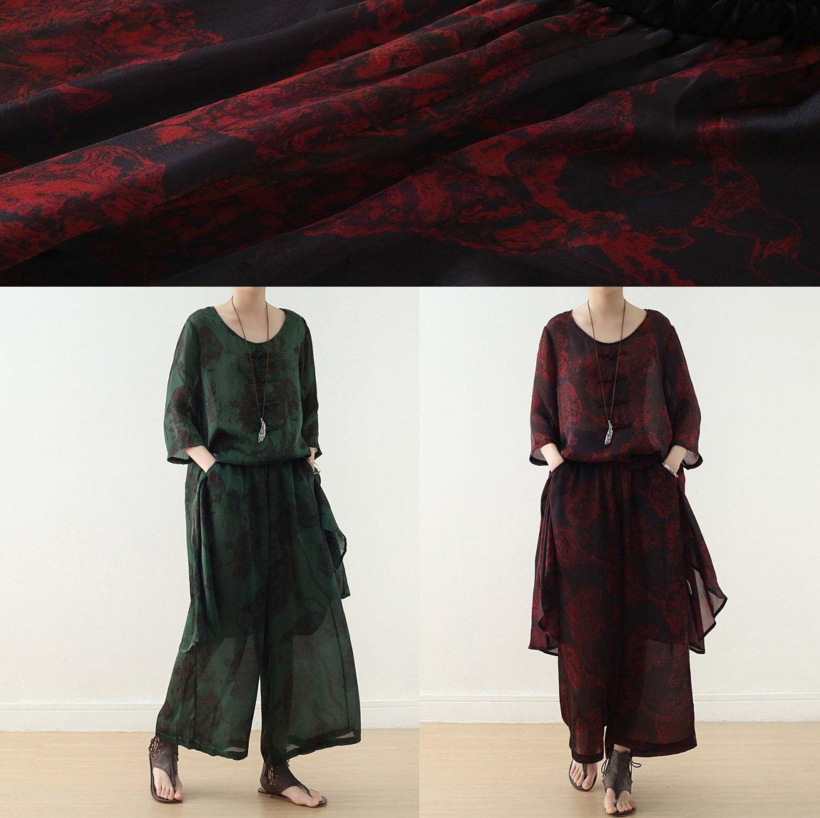 casual silk green prints Chinese Button dresses with elastic waist wide leg pants