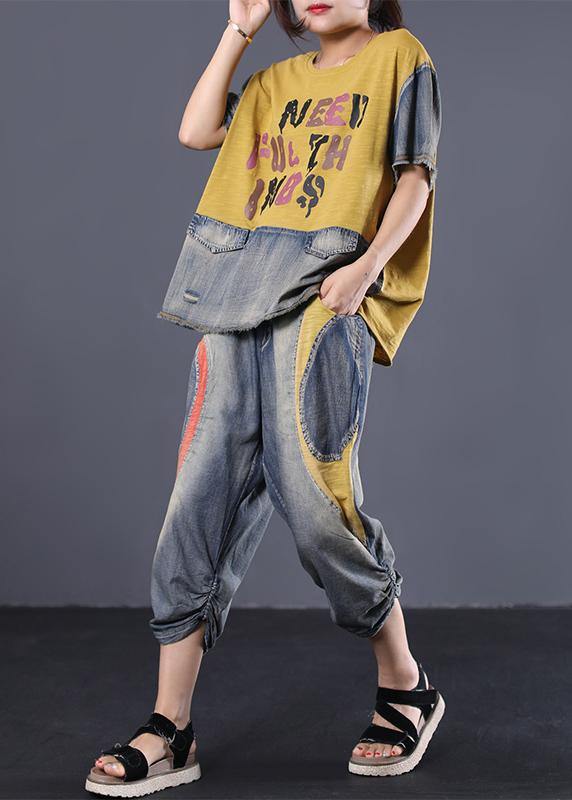 casual women cotton yellow two pieces loose patchwork tops and elastic waist pants