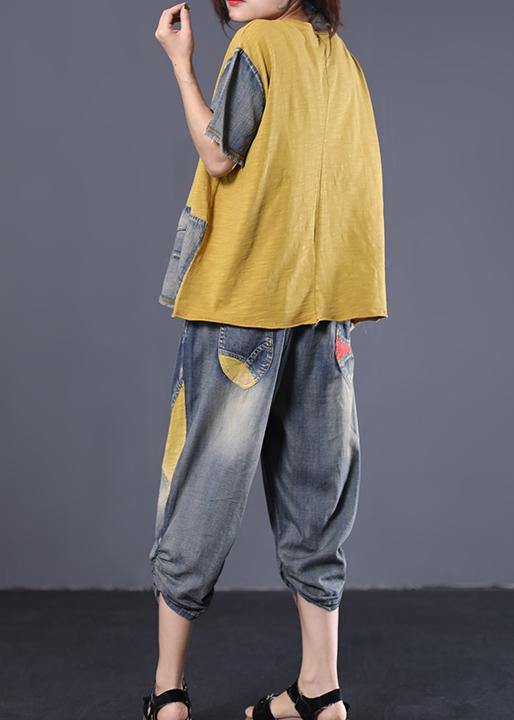 casual women cotton yellow two pieces loose patchwork tops and elastic waist pants