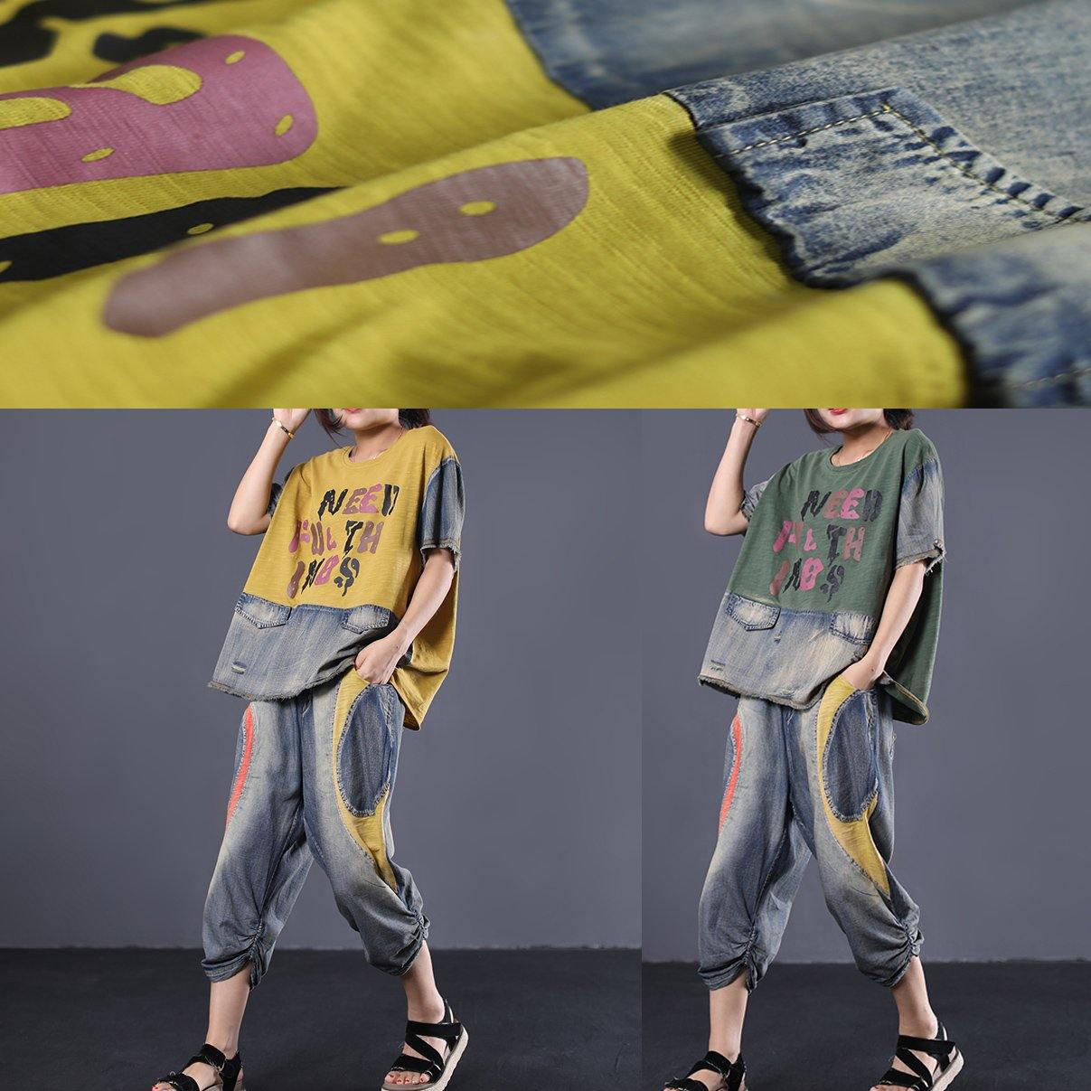 casual women cotton yellow two pieces loose patchwork tops and elastic waist pants