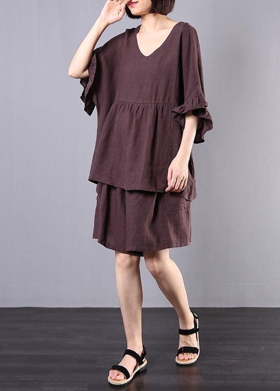 chocolate cotton linen v neck ruffles tops and women casual shorts two pieces