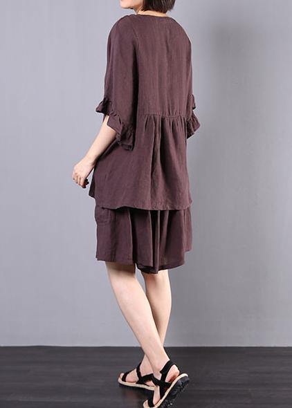 chocolate cotton linen v neck ruffles tops and women casual shorts two pieces