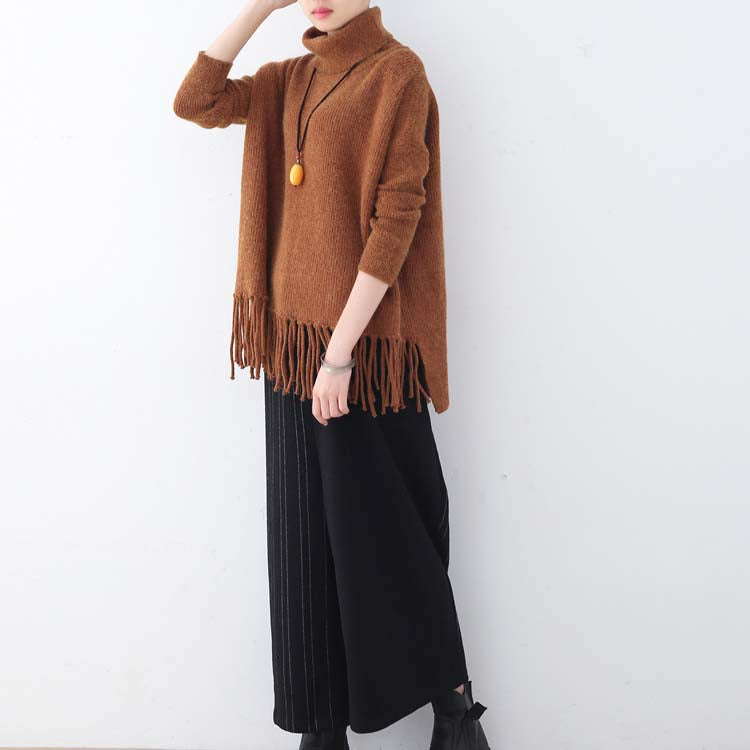 chunky brown knit tops plussize high neck knitted blouses women tassel fall blouse