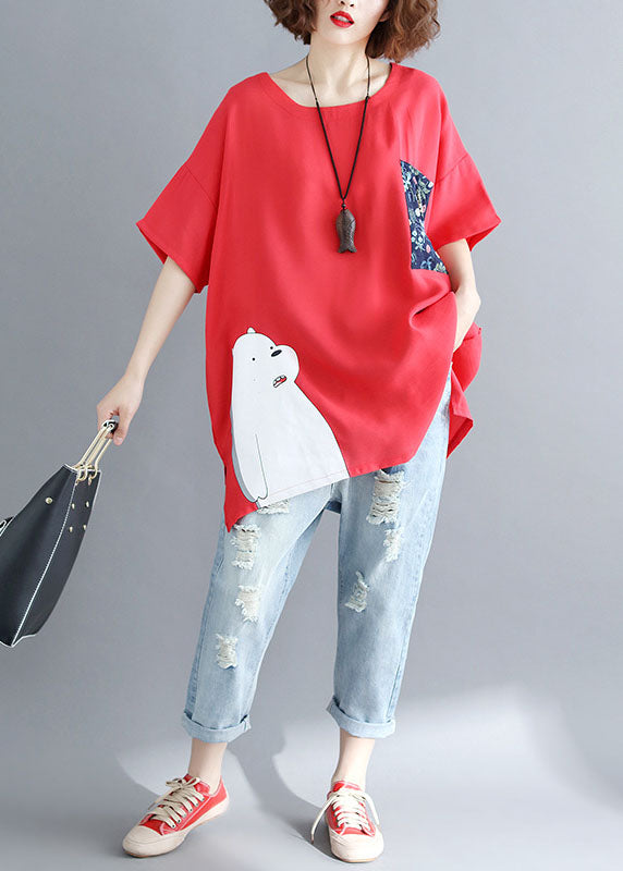 diy Red O-Neck Print Fall Animal Half Sleeve Shirt Top