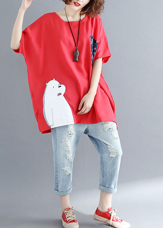 diy Red O-Neck Print Fall Animal Half Sleeve Shirt Top