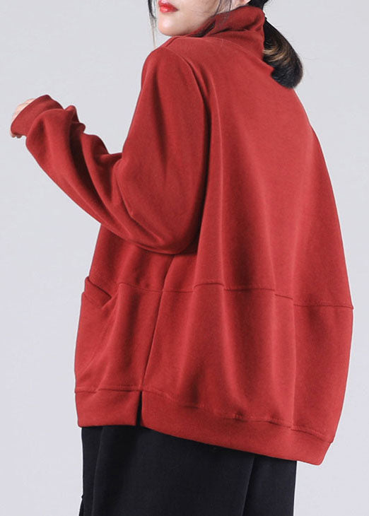 diy Red Turtle Neck Pockets Cotton Sweatshirt Street wear Winter