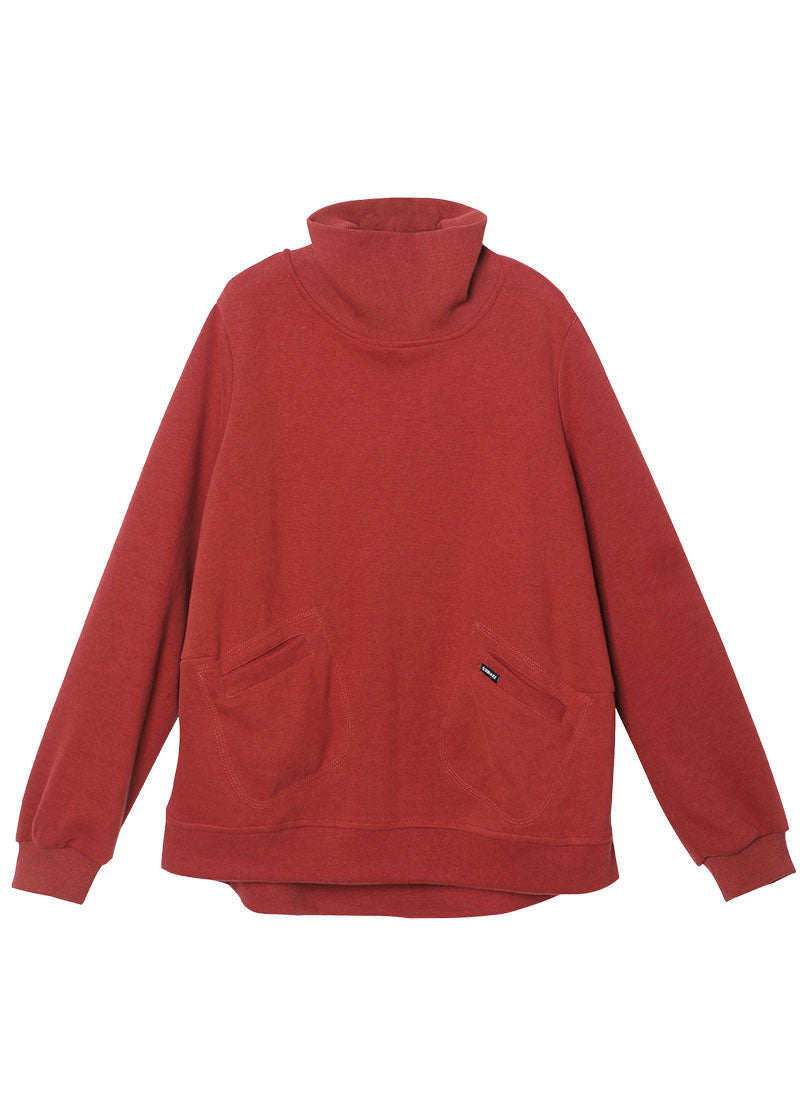 diy Red Turtle Neck Pockets Cotton Sweatshirt Street wear Winter