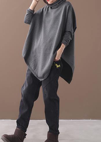 diy asymmetric hem cotton high neck shirts Work gray blouse