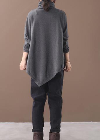 diy asymmetric hem cotton high neck shirts Work gray blouse