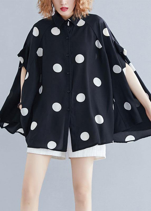 diy black dotted clothes For Women lapel Ruffles top