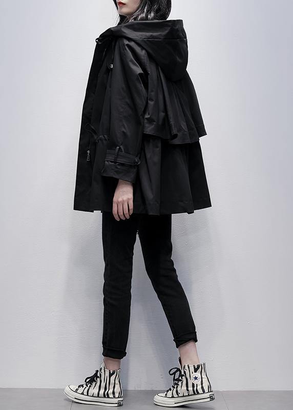 diy hooded drawstring Fine coat for woman black baggy outwear