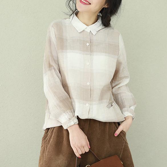 diy khaki Plaid linen clothes stylish Sewing lapel baggy tops