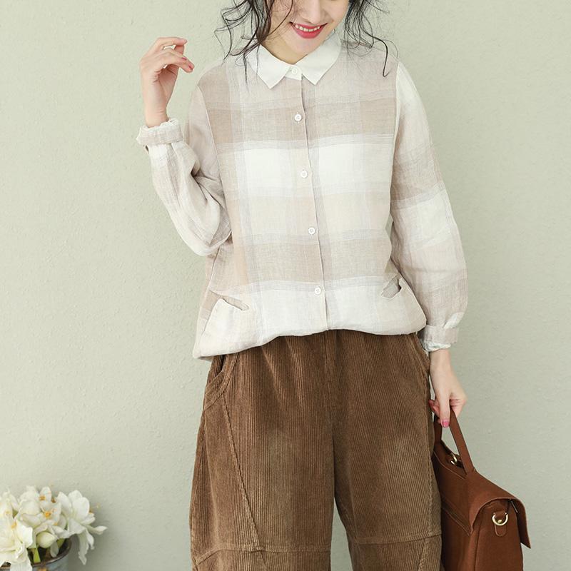 diy khaki Plaid linen clothes stylish Sewing lapel baggy tops