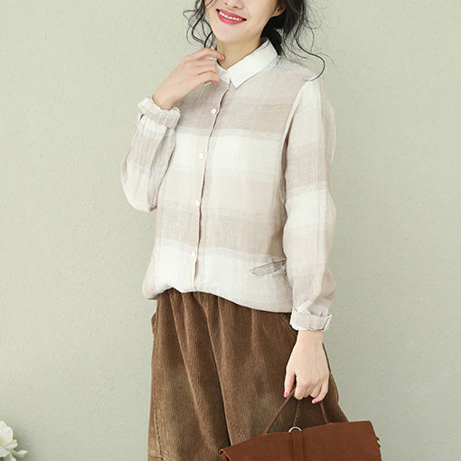 diy khaki Plaid linen clothes stylish Sewing lapel baggy tops