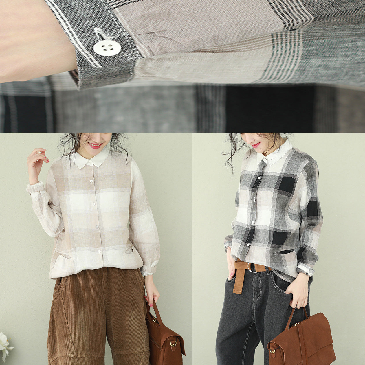 diy khaki Plaid linen clothes stylish Sewing lapel baggy tops