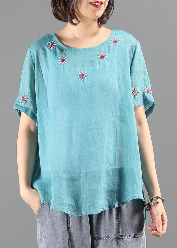 diy o neck clothes For Women blue embroidery short blouse