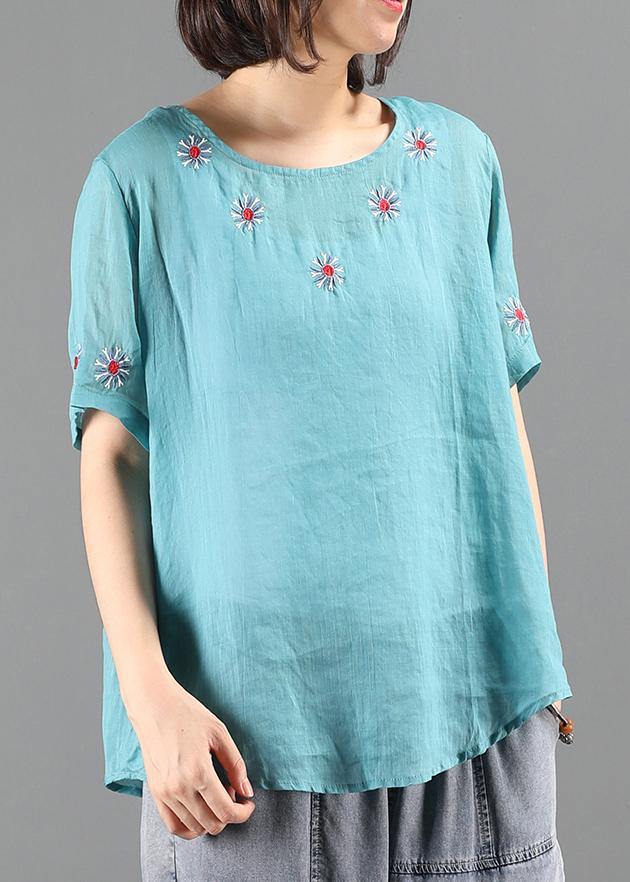 diy o neck clothes For Women blue embroidery short blouse