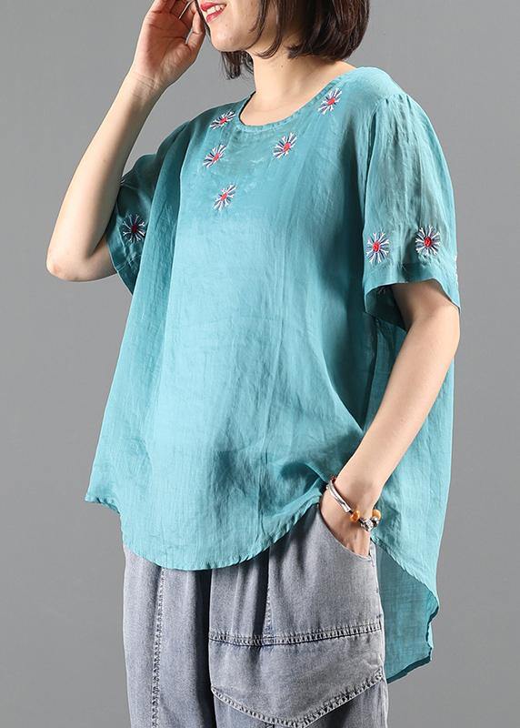 diy o neck clothes For Women blue embroidery short blouse