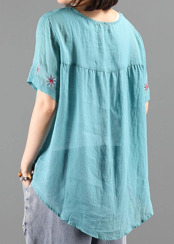 diy o neck clothes For Women blue embroidery short blouse