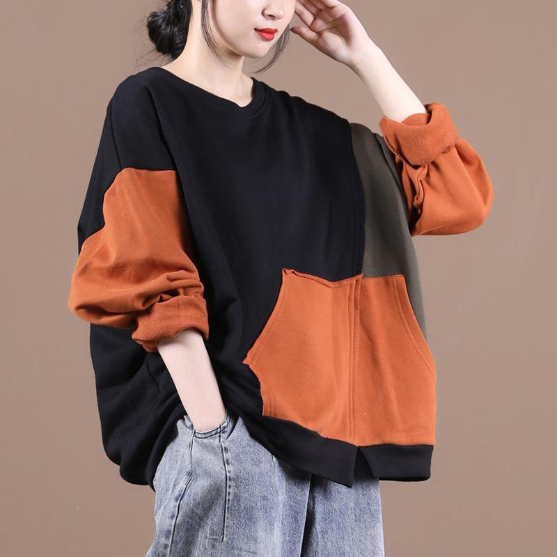 diy orange tops women o neck patchwork short fall shirts