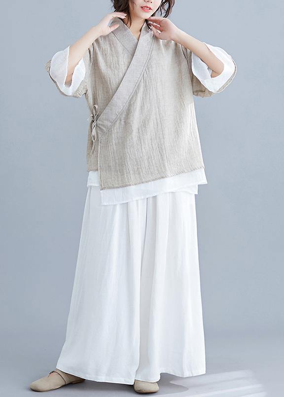 diy v neck half sleeve cotton linen clothes For Women nude blouses summer