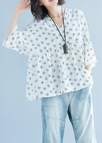 DIY White Print Chiffon Blouse Korea Batwing Sleeve V Neck Tunic Summer Shirt﻿