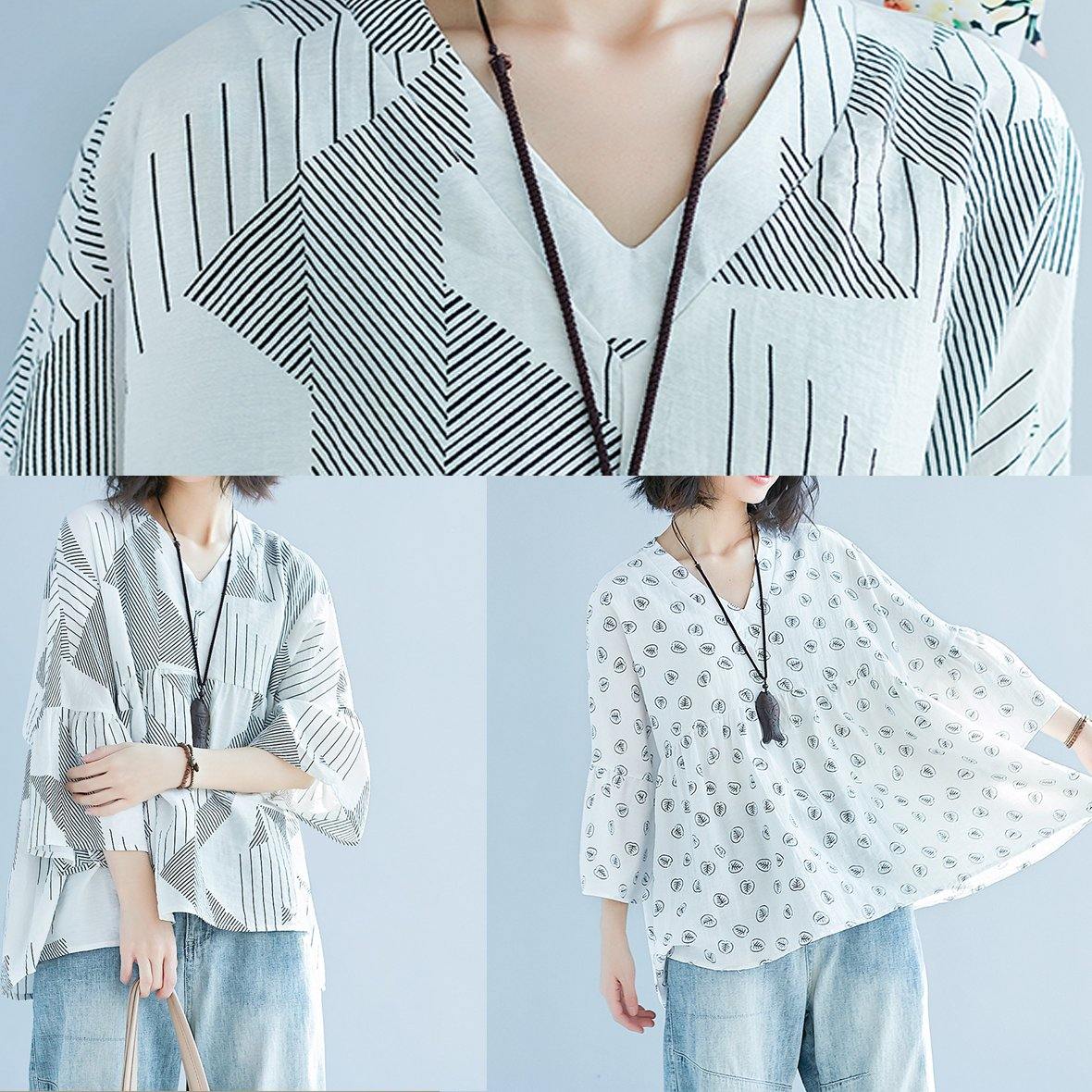 DIY White Print Chiffon Blouse Korea Batwing Sleeve V Neck Tunic Summer Shirt﻿