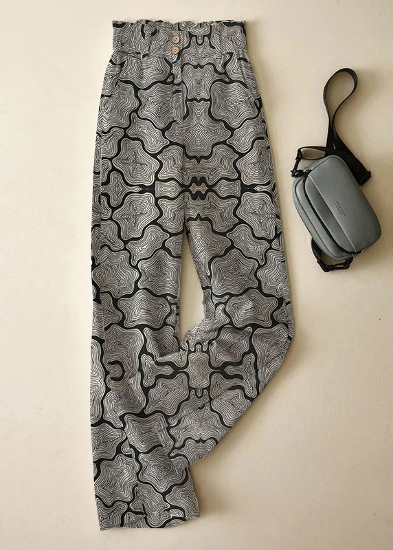 Elegant Grey-dot High Waist Button Linen Straigh Pants Summer