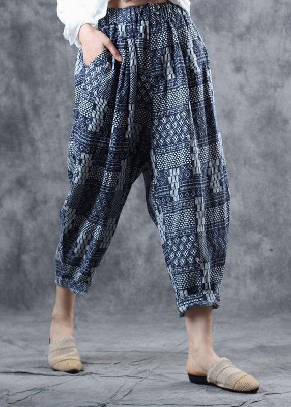 fall new blue prints women pants linen blended elastic waist harem pants