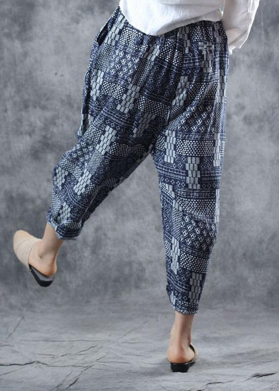 fall new blue prints women pants linen blended elastic waist harem pants