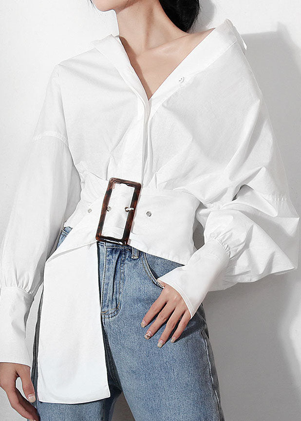 fashion White lantern sleeve Sashes Peter Pan Collar Shirts