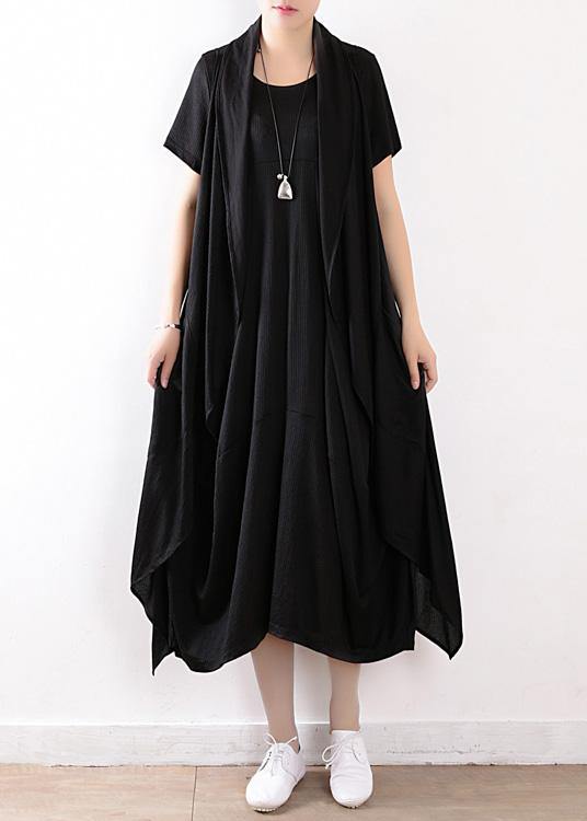 fashion black linen cotton short sleeve dresses and sleeveless coat two pieces