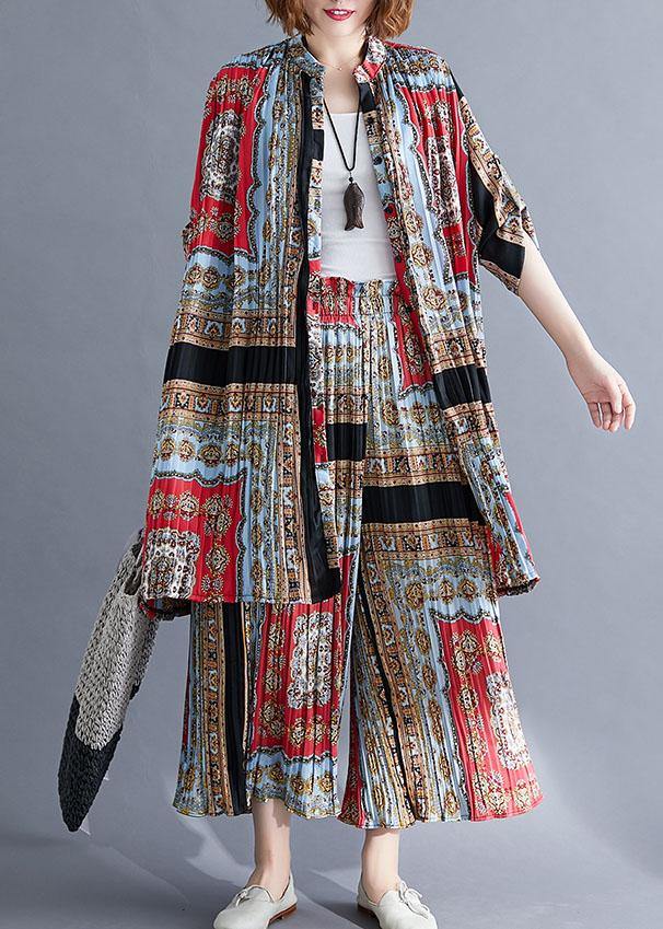 fashion casual chiffon pints shirt dresses and elastic waist wide leg pants red black prints two pieces