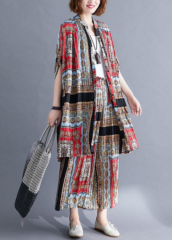 fashion casual chiffon pints shirt dresses and elastic waist wide leg pants red black prints two pieces