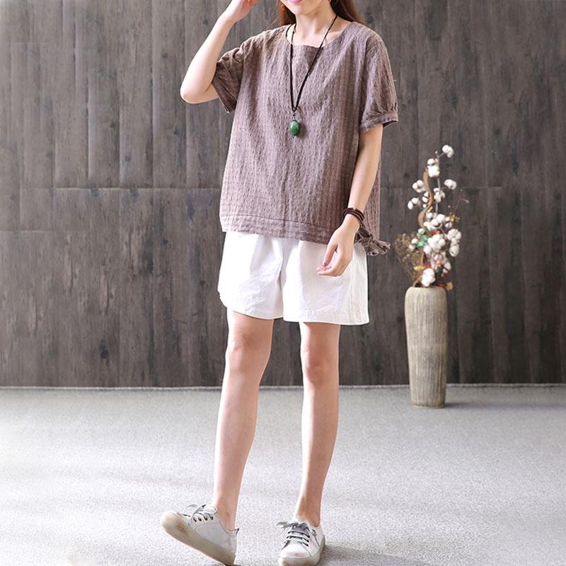 fashion cotton tops oversized Retro Lacing Cotton Linen Short Sleeve Pullover T Shirt