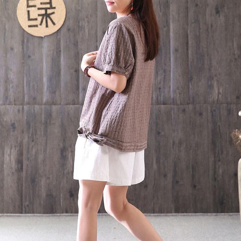 fashion cotton tops oversized Retro Lacing Cotton Linen Short Sleeve Pullover T Shirt