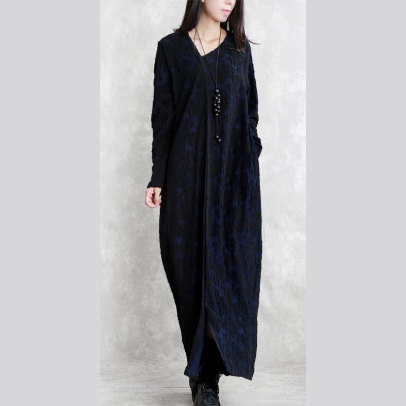 fashion dark blue Jacquard cotton blended dresses plus size V neck asymmetric linen clothing dress casual long sleeve baggy dresses