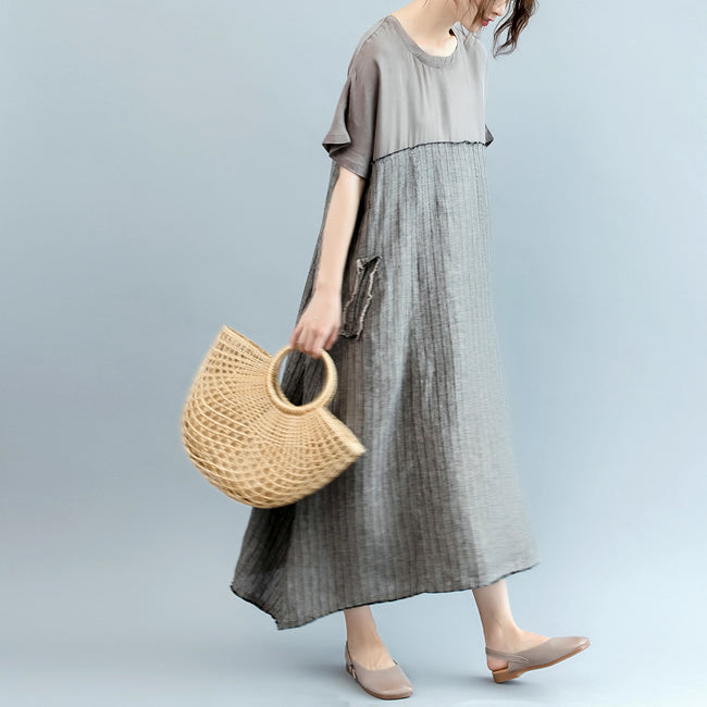 fashion gray natural linen dress oversize o neck patchwork linen clothing dresses women short sleeve baggy dresses