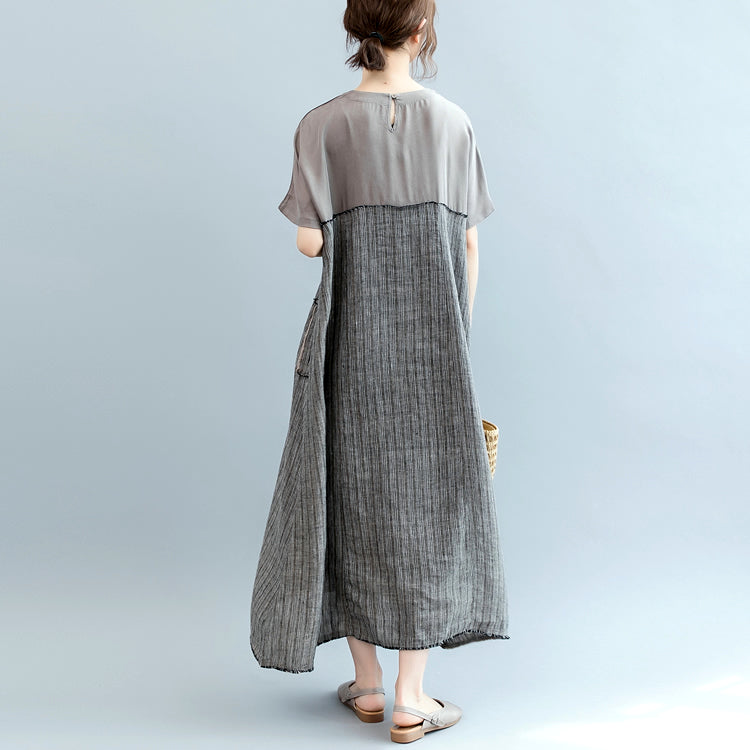 fashion gray natural linen dress oversize o neck patchwork linen clothing dresses women short sleeve baggy dresses