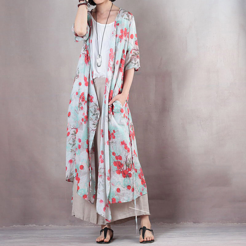 fashion red floral linen caftans casual v neck linen maxi dress Fine half sleeve tie waist caftans