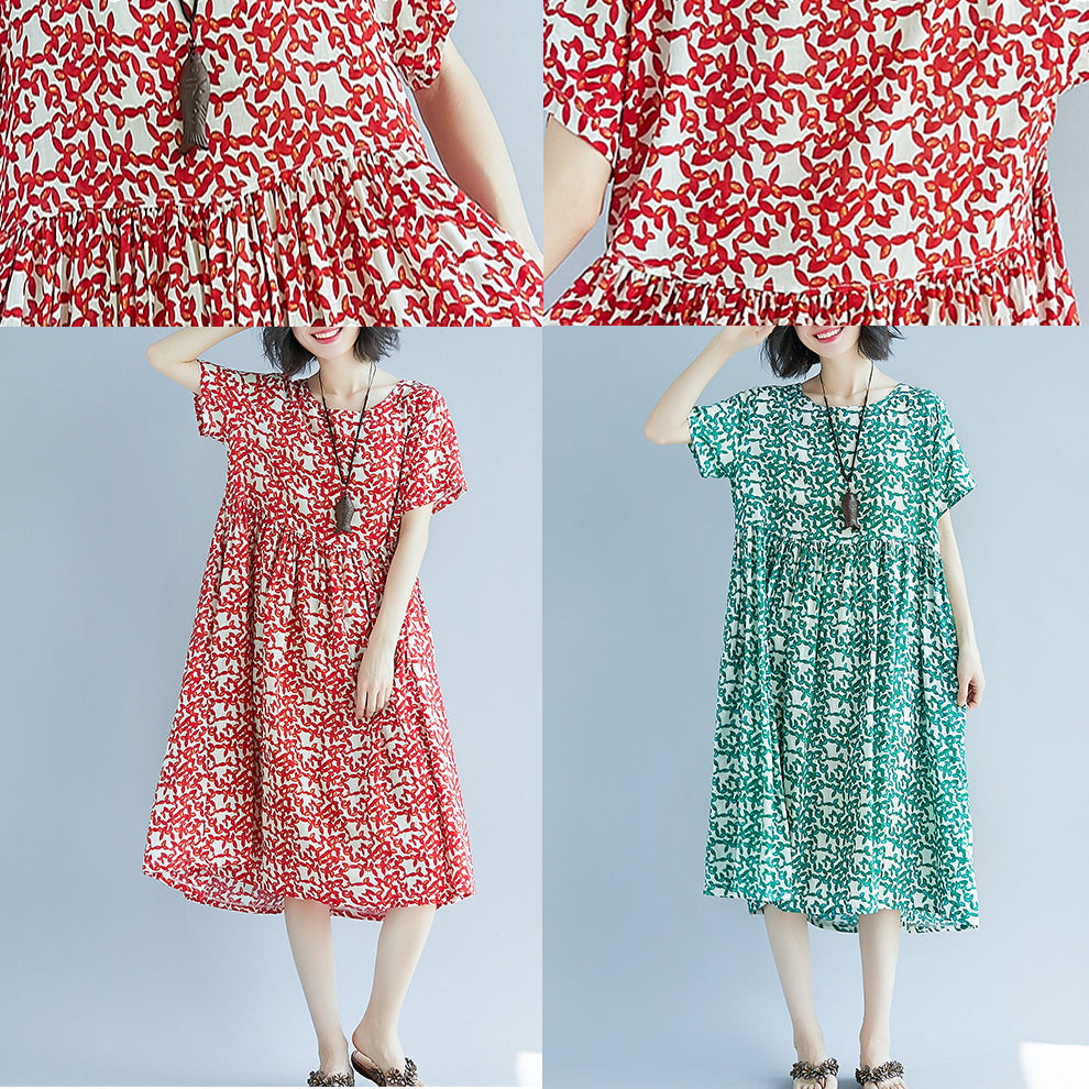 fashion red linen knee dress oversized casual dress fine short sleeve floral o neck dresses