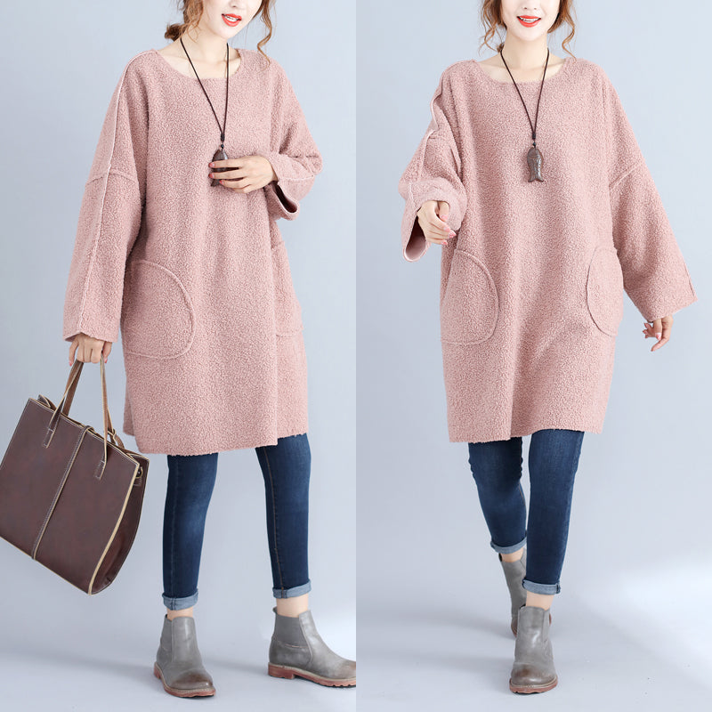 fashion warm pink corduroy mid shift dresses oversize big pockets knit dress