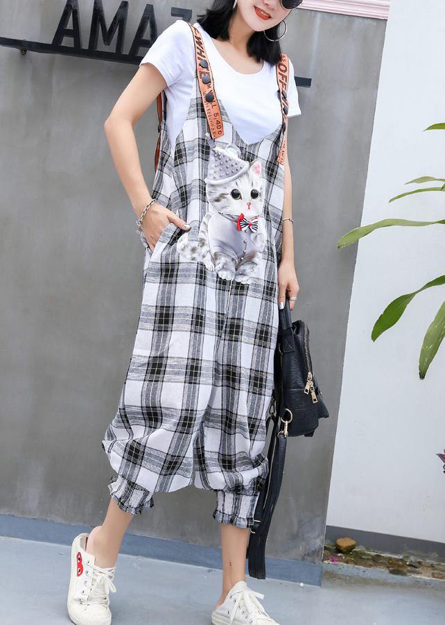 fashion women casual cotton plaid jumpsuit pants plus size cartoon print strap pants