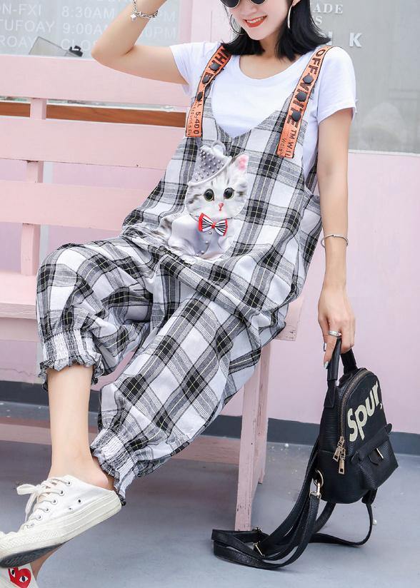 fashion women casual cotton plaid jumpsuit pants plus size cartoon print strap pants