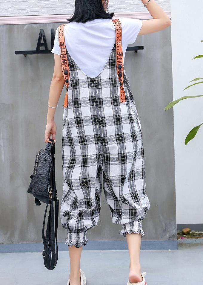 fashion women casual cotton plaid jumpsuit pants plus size cartoon print strap pants