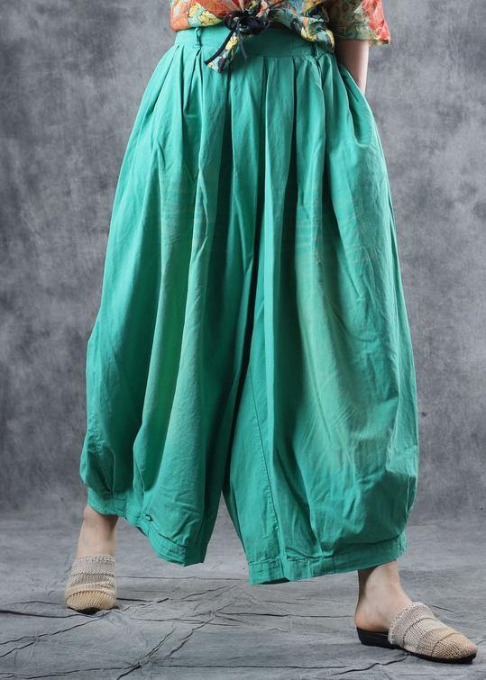 fashion women cotton green crop pants plus size elastic waist wide leg pants