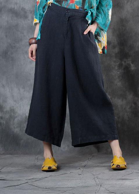 fashion women linen loose casual dark gray crop pants