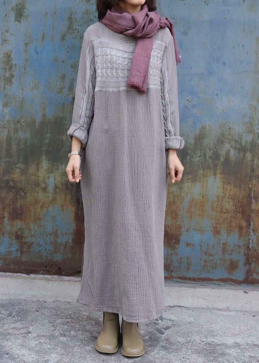 gray Sweater dress Women patchwork tunic side open knit dress