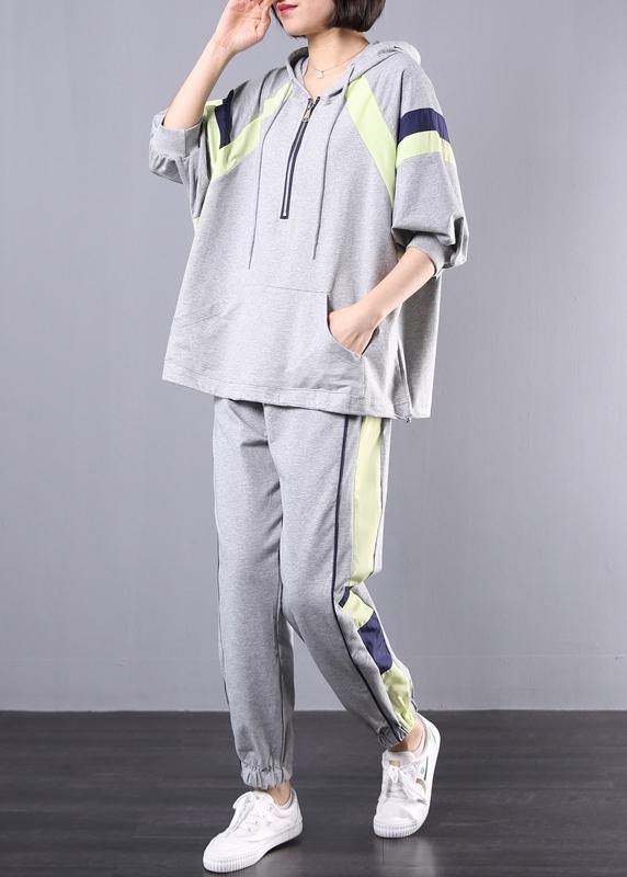 gray cotton casual two pieces hooded plus size top and elastic waist pants