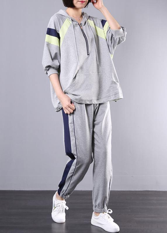 gray cotton casual two pieces hooded plus size top and elastic waist pants